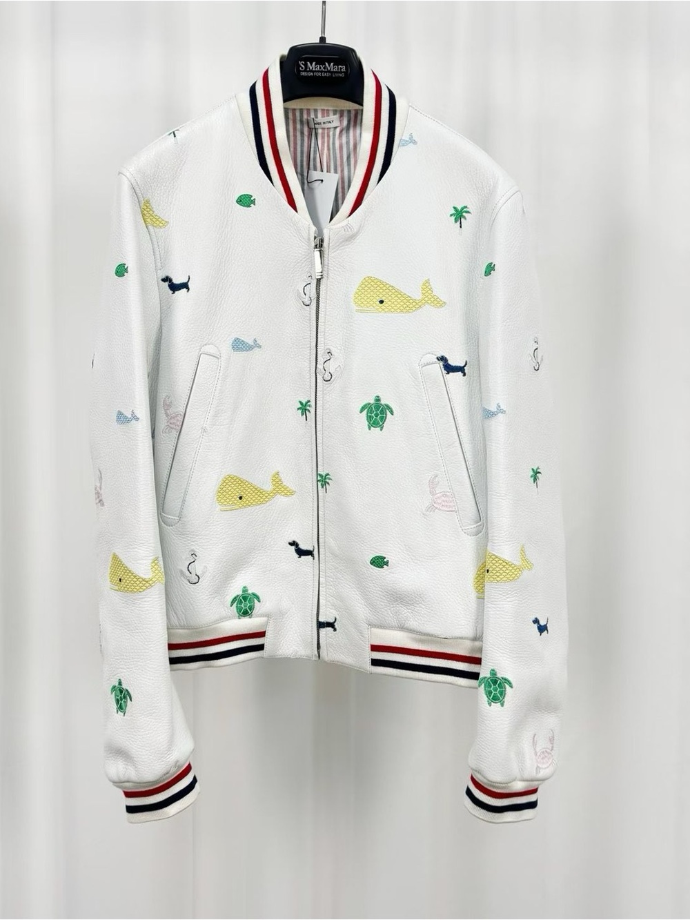 Thom Browne White Nautical Embroidered Leather Bomber Jacket